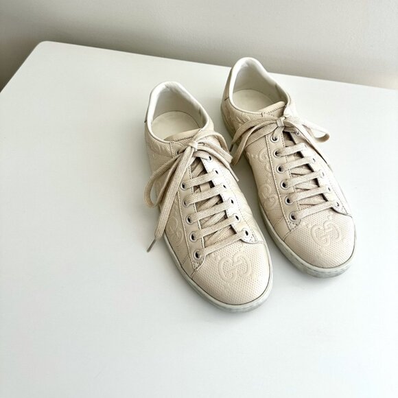 GUCCI Women's Ace Cream Embossed Leather GG Logo Low Top Sneakers Size 37.5 - Picture 4 of 12